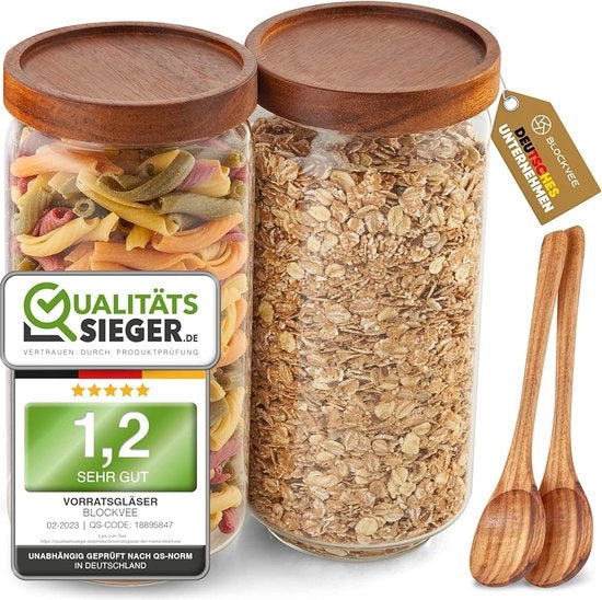 Set di contenitori in vetro con coperchio, 1 l, 2 x 1000 ml, inclusa cucchiaio, per la conservazione di muesli, pasta, contenitori con coperchio in legno
