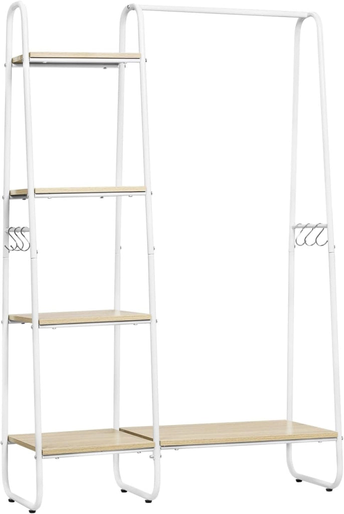 Stand Appendiabiti con Barra, Armadio Aperto con Scarpiera, 4 Ripiani, 6 Ganci Rimovibili, per Camera da Letto, Ingresso, 100x40x152 cm, in Metallo e Legno, Rovere Chiaro + Bianco