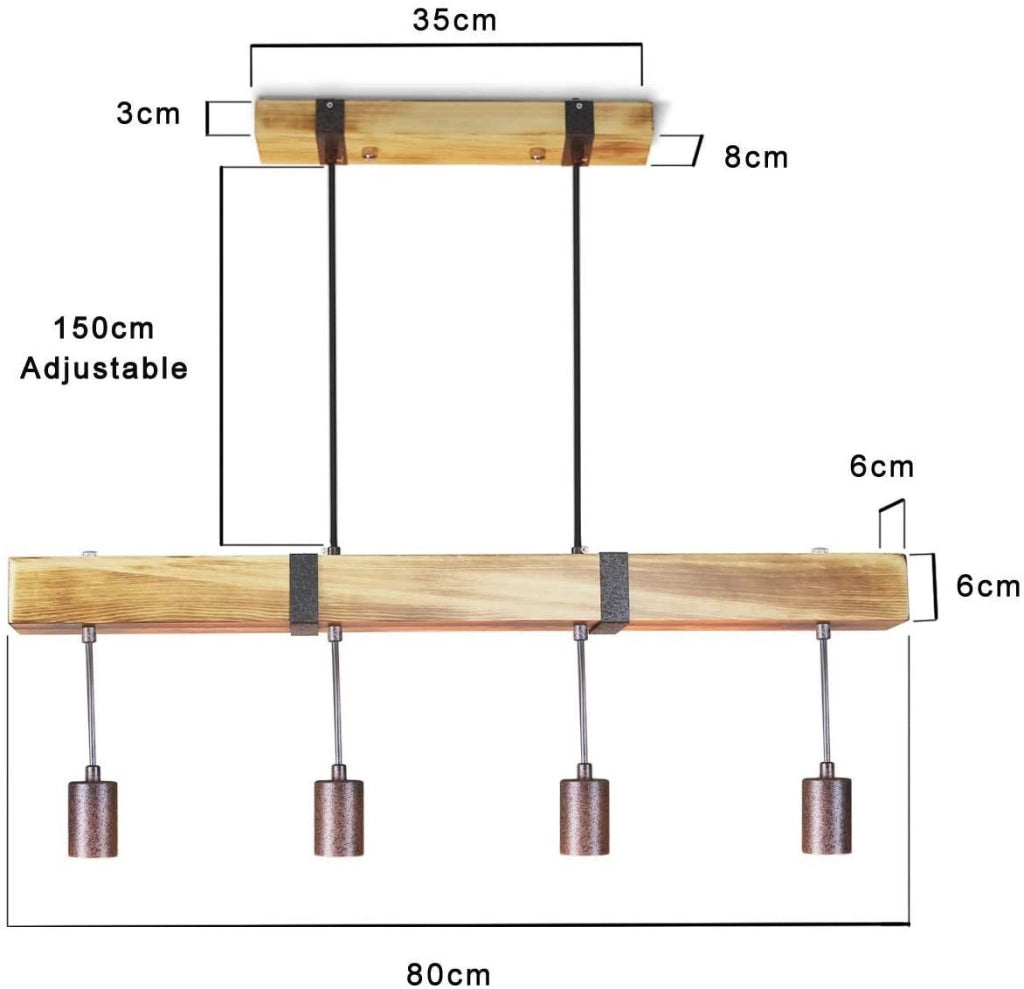 Lampada a sospensione ZMH retr¨° 4 lampadine E27 Diametro 80 cm con trave in legno Adatta per sala da pranzo e cucina