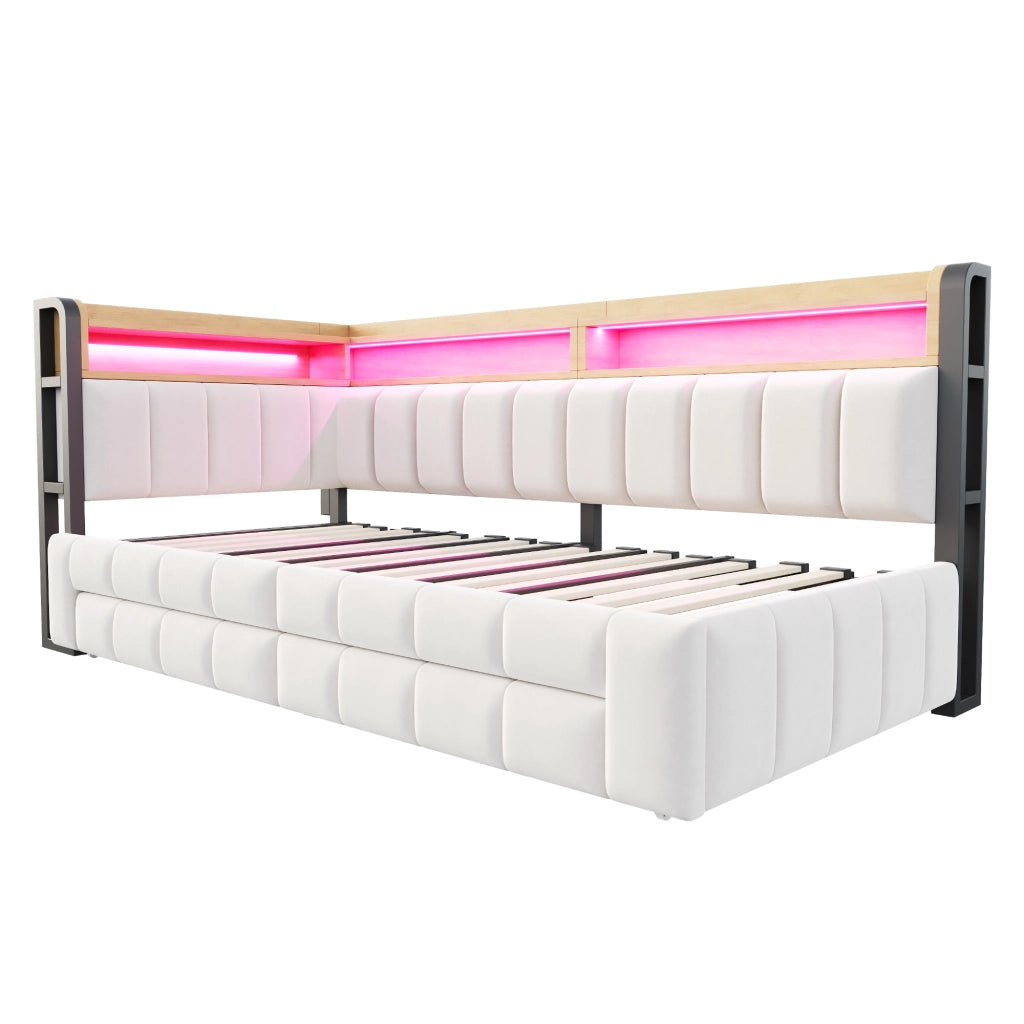 Letto imbottito 90x200 cm con contenitore; LED e porte USB in velluto beige