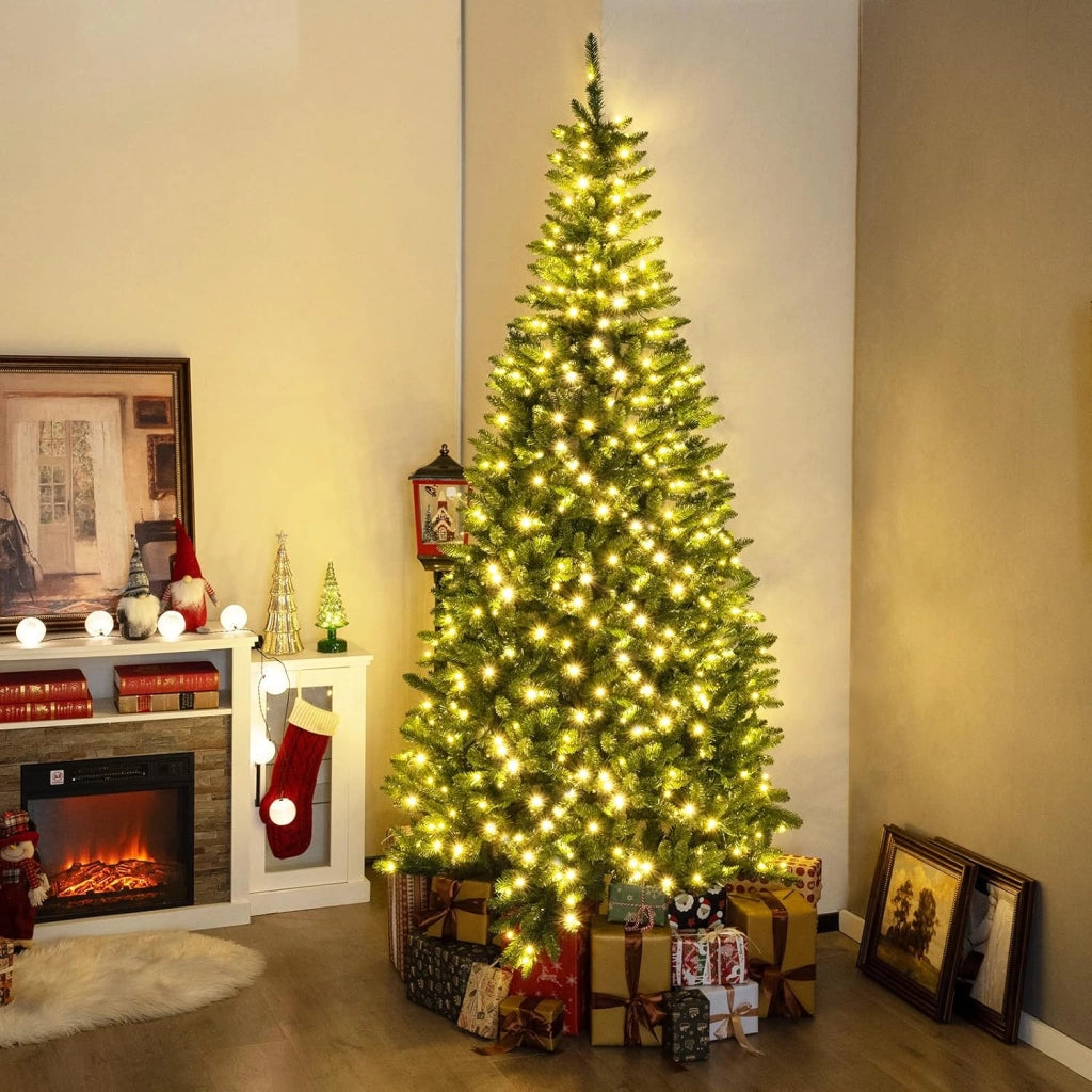 Albero di Natale Artificiale da 240 CM per Angolo, Albero di Natale Pre-illuminato con 360 Luci LED Bianche Calde, 1137 Rami e Supporto in Metallo, Decorazione Festiva Salvaspazio per Casa