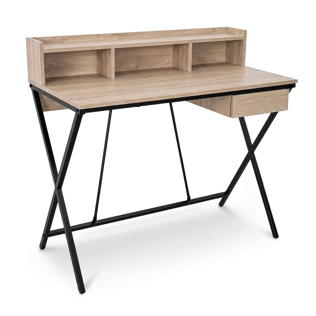 Scrivania PC industriale Rovere Sonoma FLEXO 100 cm 1 cassetto 1 ripiano gambe nere