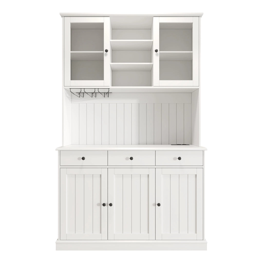 OKWISH Credenza Alta da Cucina con Ante in Vetro, 1 Cassetto, Mobile Inferiore, Portabicchieri e Prese, 120×40×191 cm