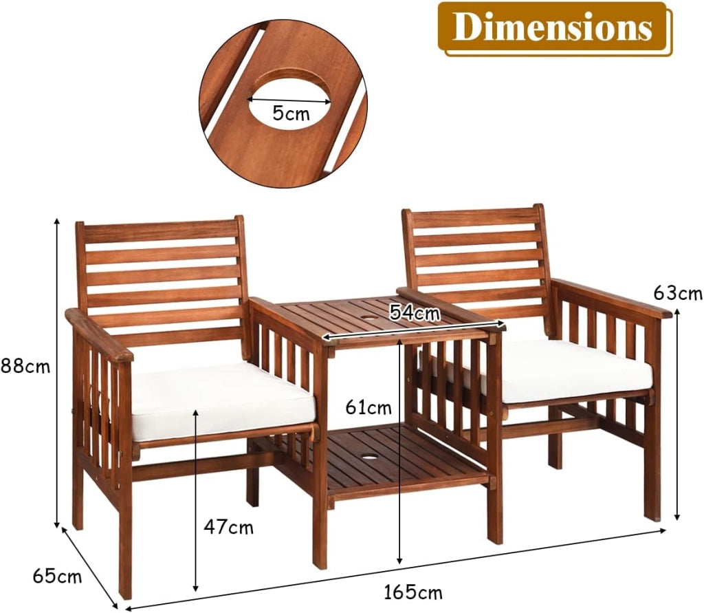 Panca da giardino in legno di acacia con foro per l'ombrellone, 165 x 65 x 88 cm, per giardino, balcone e terrazza (bianco)