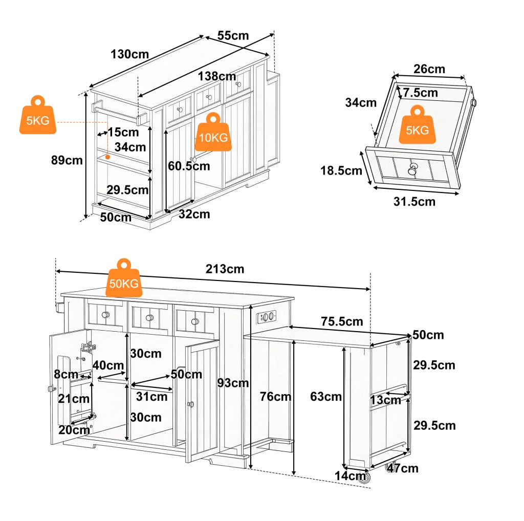 Isola cucina mobile con tavolo estraibile e prese USB, 138(213) cm