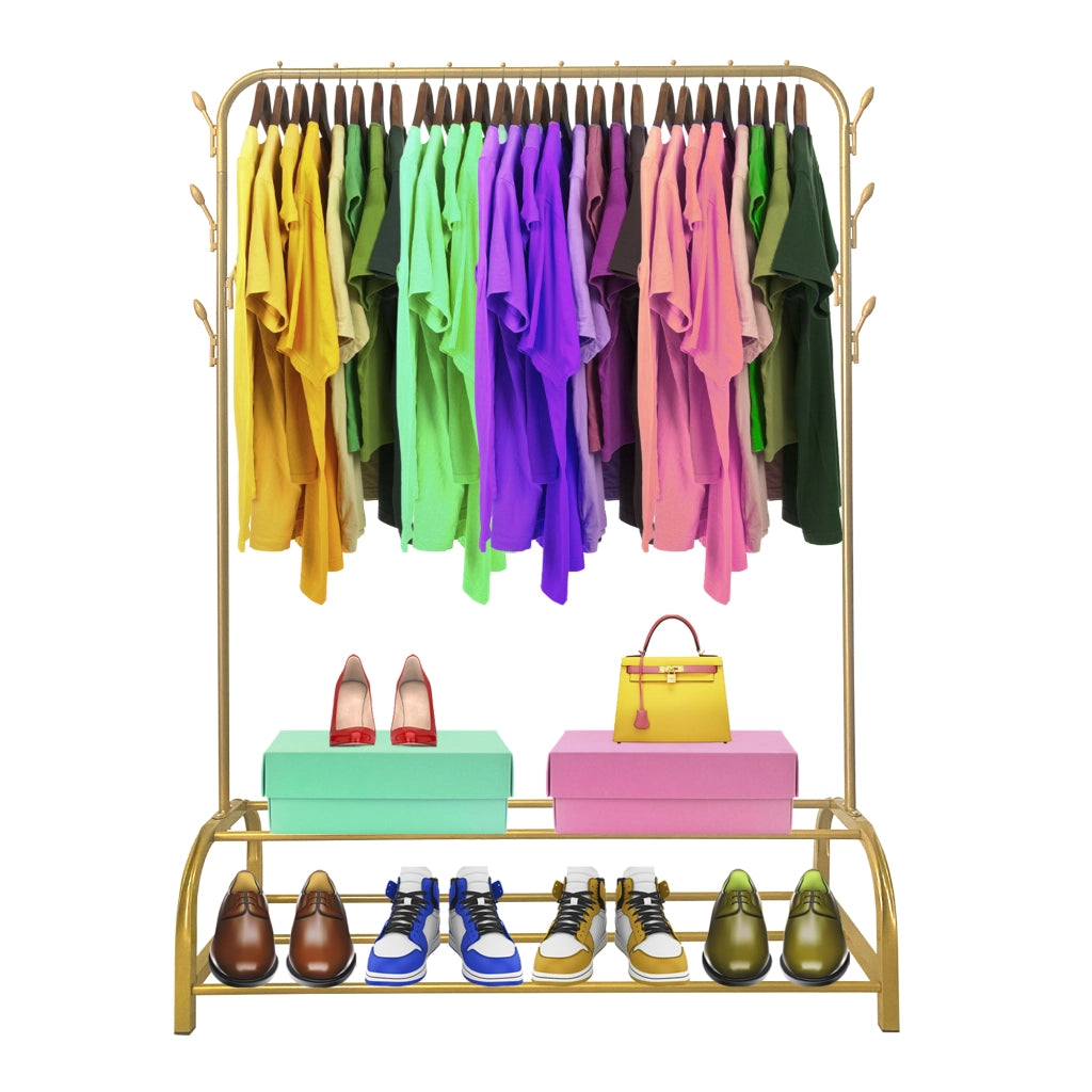Appendiabiti Donkey Premium Rack a 2 supporti Nyana Home 158x110x39 cm, 1 barra appendiabiti, 8 ganci laterali, 2 ripiani inferiori Oro.