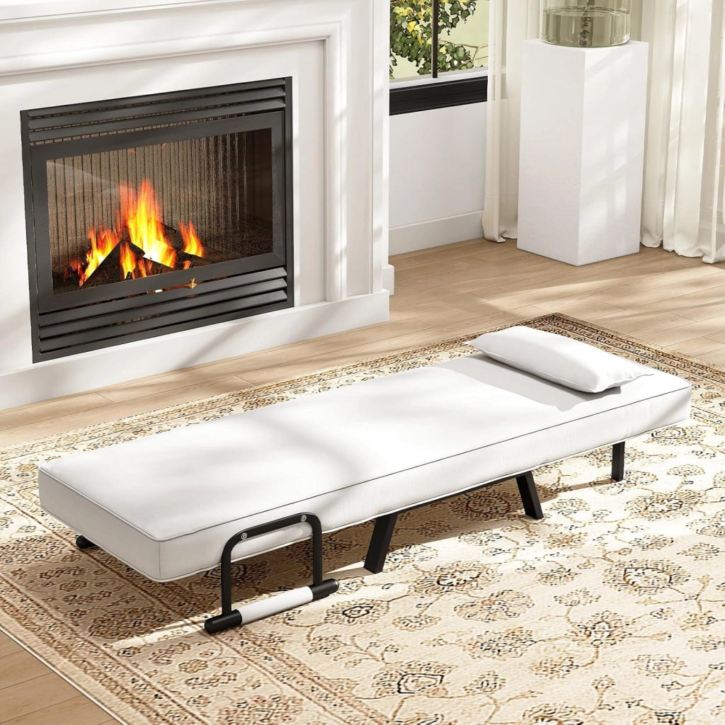 4 in 1 Poltrona Letto Singolo, Poltroncina Pieghevole con Schienale Regolabile in 6 Posizioni, Sedile Imbottito Robusto, Divano Letto per Casa Ufficio, 79x65x79 cm (Bianco)