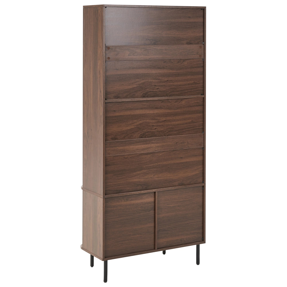 Libreria a 5 ripiani in MDF, impiallacciatura di carta, truciolato e ferro laminato, colore marrone scuro