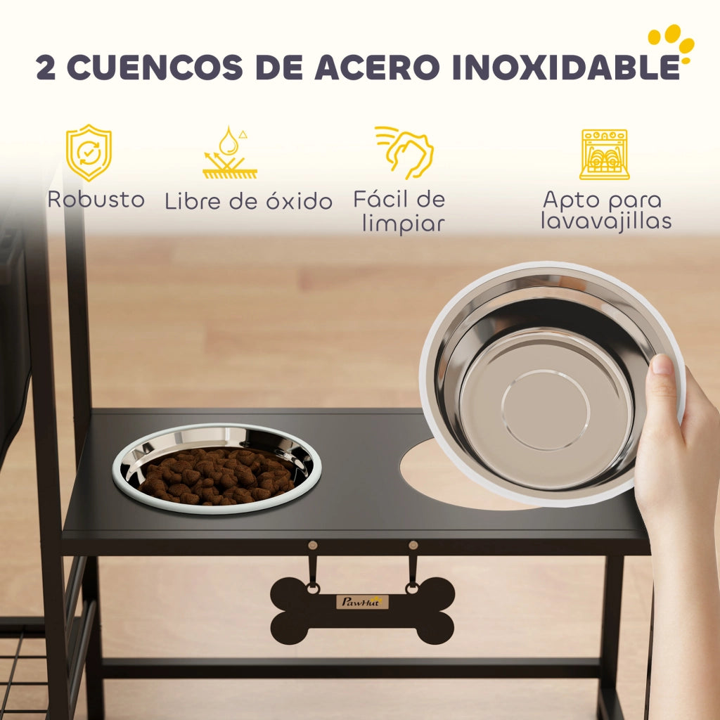Ciotola Rialzata per Cani con Cassetto in Tessuto 2 Ciotole in Acciaio Inox 2x800ml Altezza Regolabile ¨C Xylo ¨C Nero