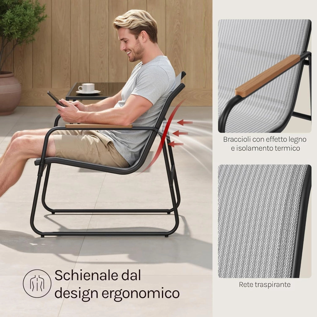 Set di Mobili da Esterno 4 Pezzi, Tavolo, Divano e 2 Sedie, Salotto da Giardino Resistente alle Intemperie, Struttura in Metallo, Tessuto Traspirante, per Balcone, Patio, Terrazza, Grigio
