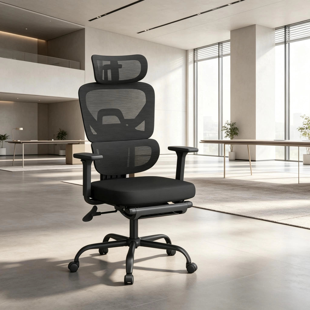 Sedia da ufficio ergonomica girevole con poggiapiedi e braccioli 3D in rete nera