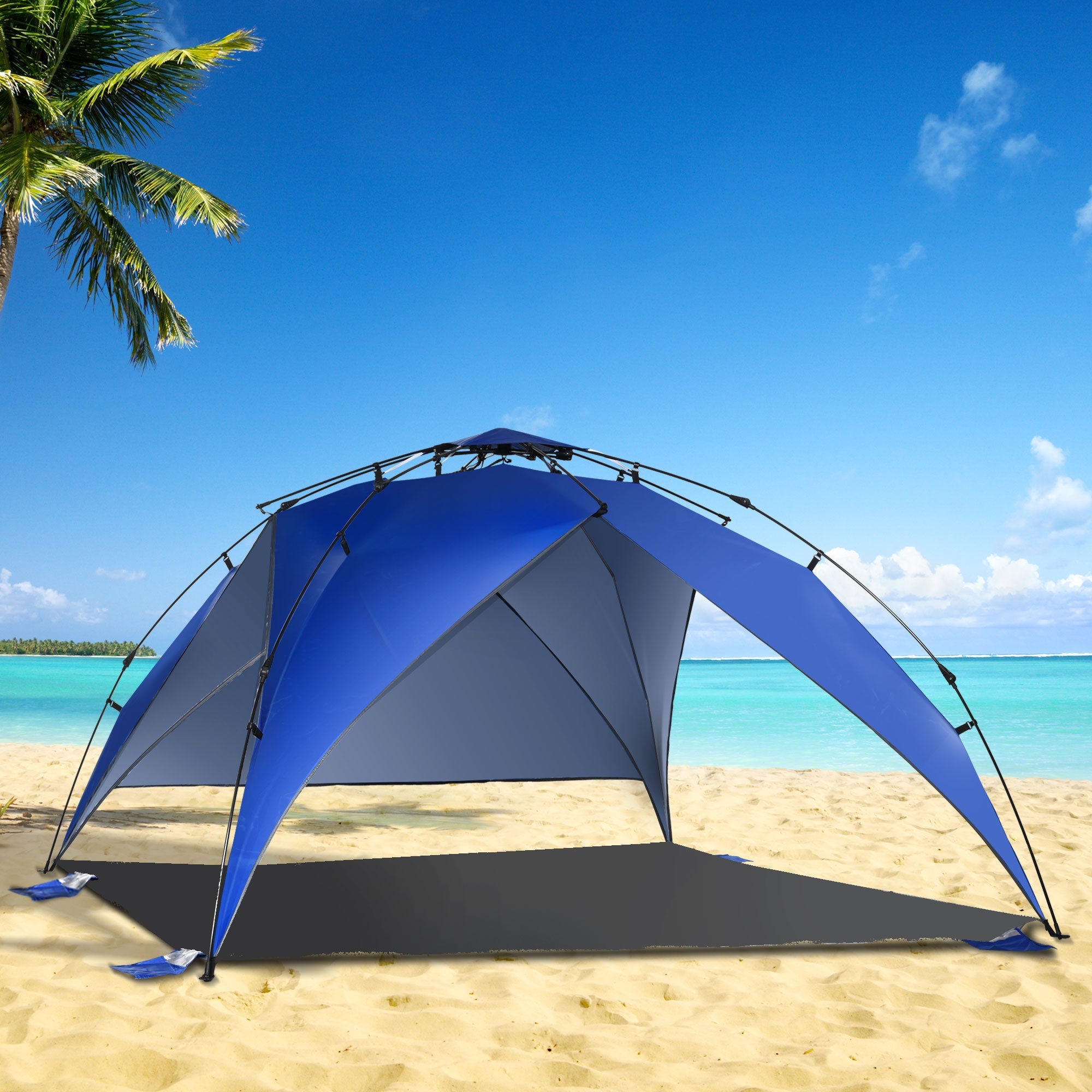 Tenda da Spiaggia Pop Up con Corde e Paletti in Poliestere Blu