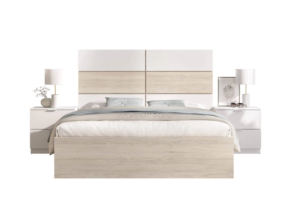Letto matrimoniale Alina, Sommier per camera da letto, Giroletto per stanza, Struttura porta materasso, 267x205 h122 cm, Bianco e Rovere