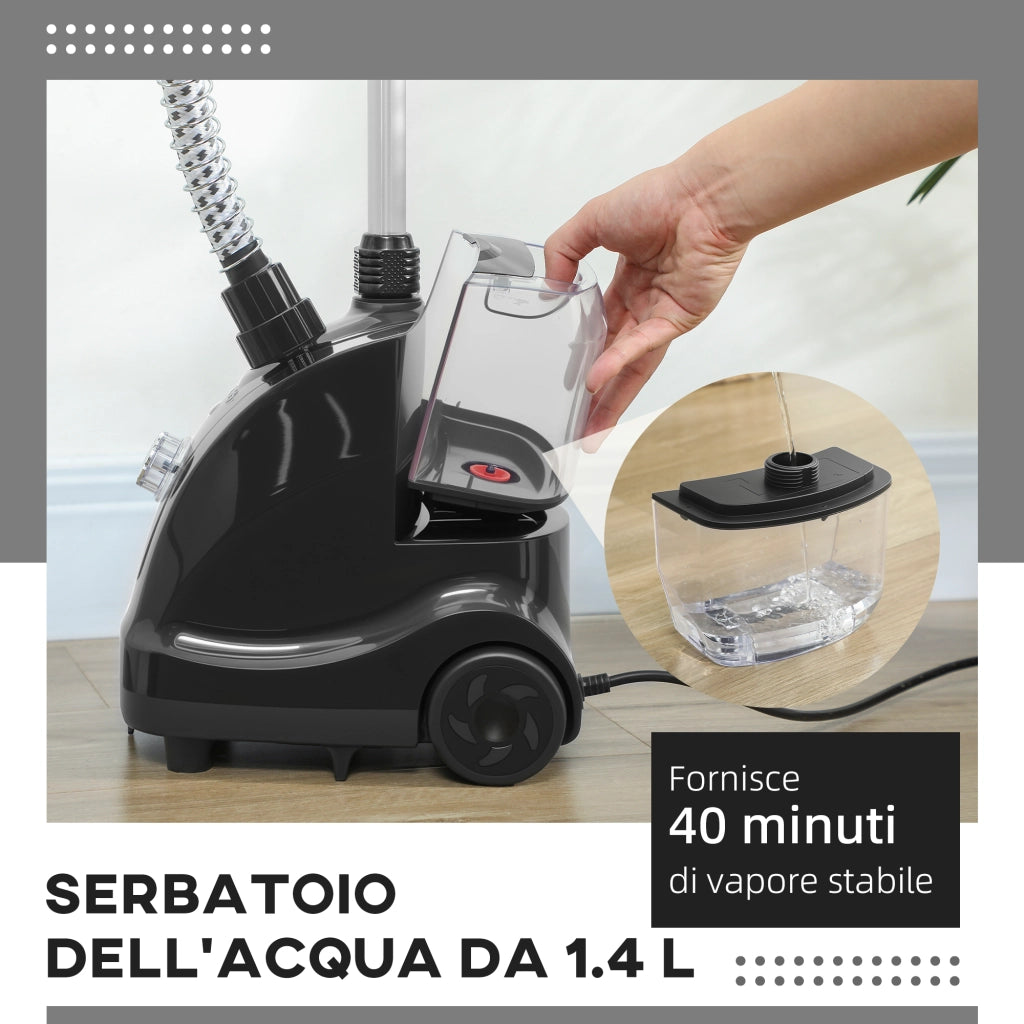 Stiratrice Verticale a Vapore da 1,4L con Asta Estendibile 41-110 cm e Ruote in ABS e PP Nero