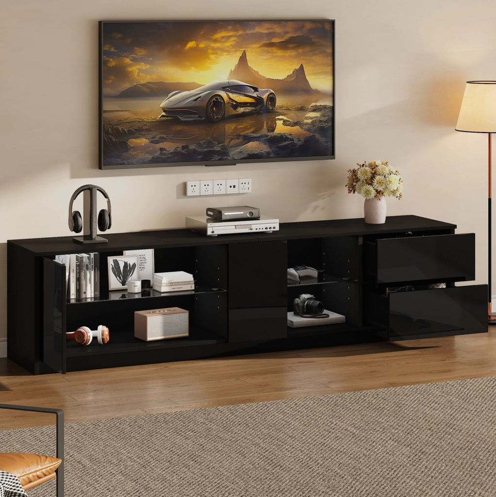 Mobile TV con LED; 2 cassetti e vano chiuso; MDF; vetro temperato; 160 x 40 x 52 cm; nero