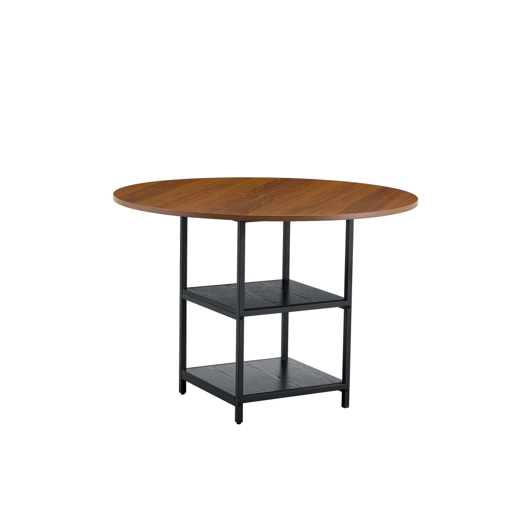 Tavolo da pranzo rotondo con doppio ripiano, 2-4 posti, in MDF effetto noce e metallo nero, per soggiorno, 107 cm