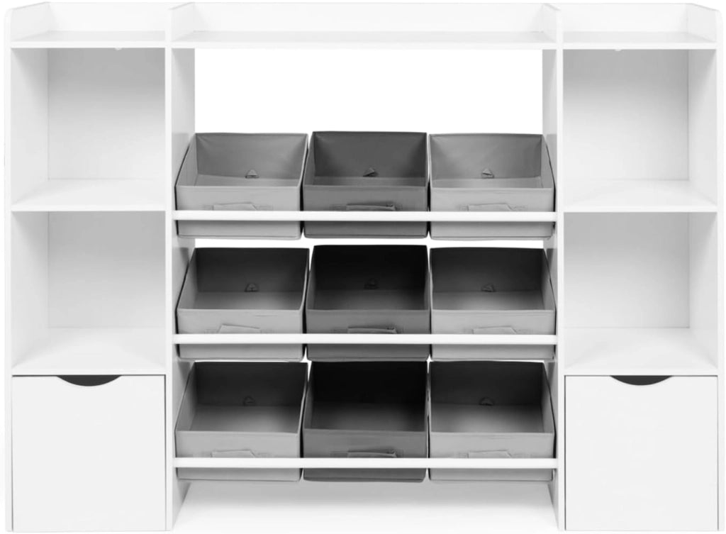 Contenitore per bambini MANA con 7 ripiani, 6 contenitori in tessuto e 2 cubi su rotelle, bianco