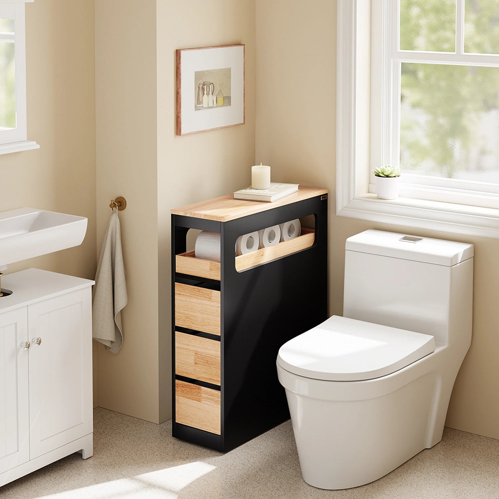 SoBuy | Mobiletto bagno salvaspazio nero con 4 ruote | Mobile bagno con 3 cassetti | Cassettiera bagno con ripiano | 23.3x65.3x82.3 cm | Capacità di carico 40 kg | BZR54-II-SCH