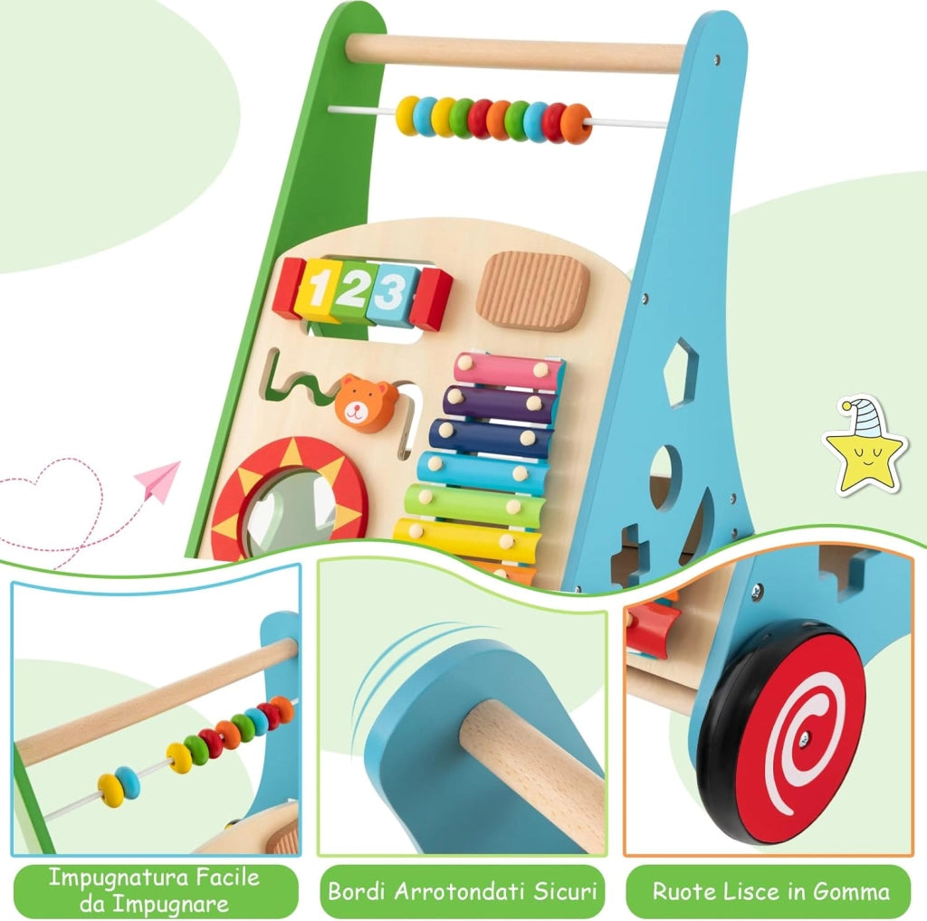 Girello in Legno per Bambini con Maniglie, Camminatore Multifunzionale per Neonati, Girello Primi Passi con Centro Attività, Giocattolo Montessori con Ruote, per Bambini 1+Anni (Colorato)