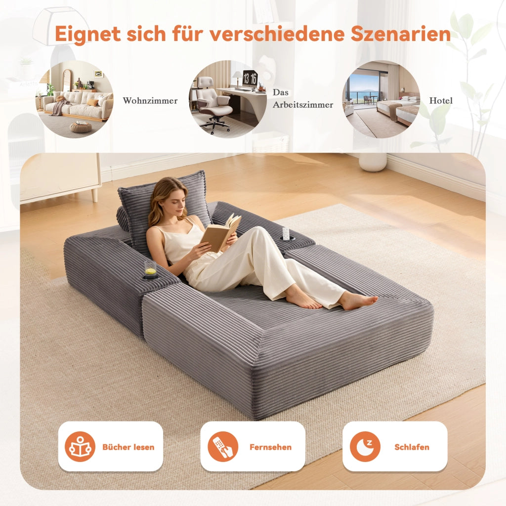 Divano Letto Pieghevole ¨C MINIMAL ¨C Tessuto a Coste, Cuscini, Portabicchieri