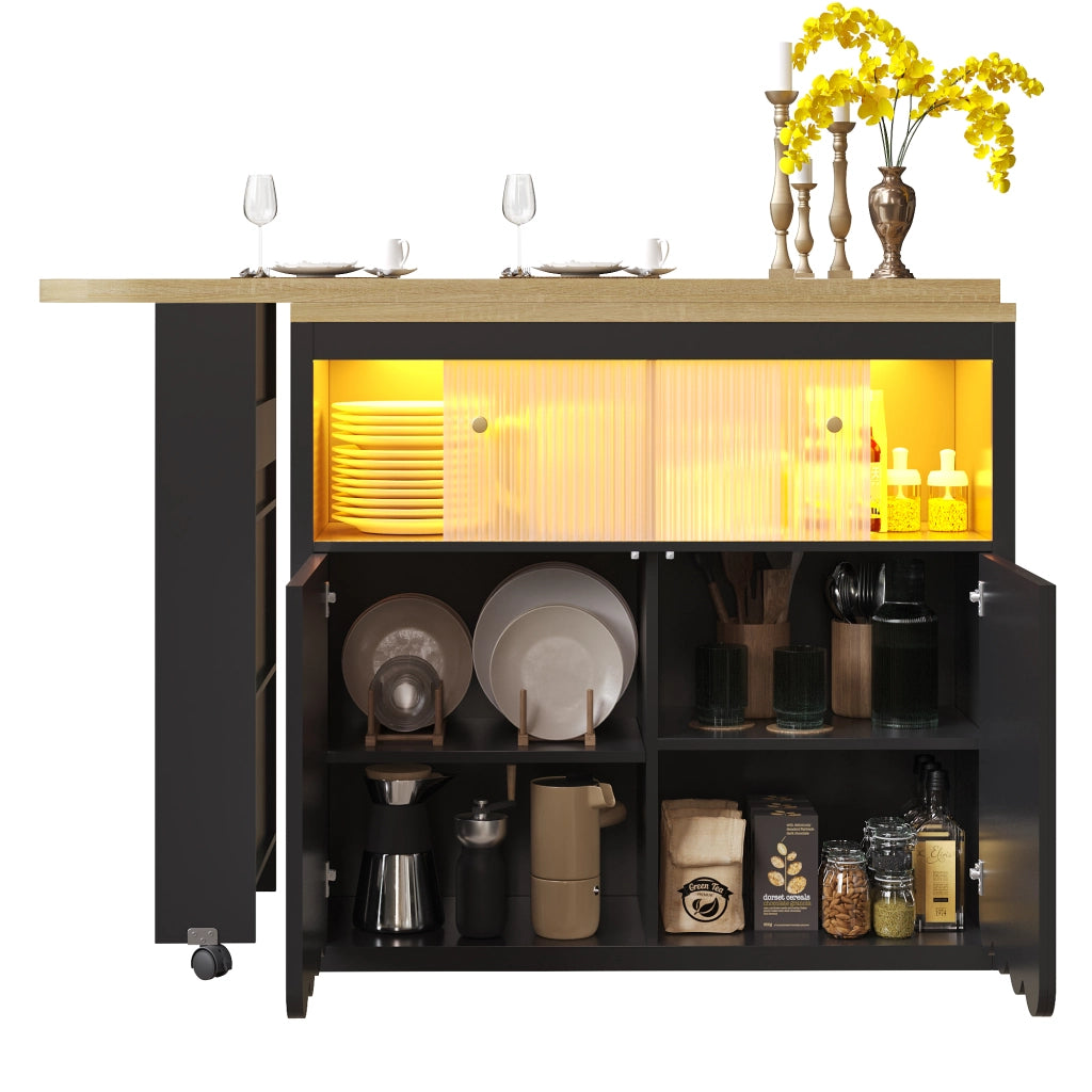 Tavolo Bar Estensibile con Vano Contenitore; LED; USB e Ruote per Cucina e Soggiorno in MDF e Vetro 135-205x39x100 cm