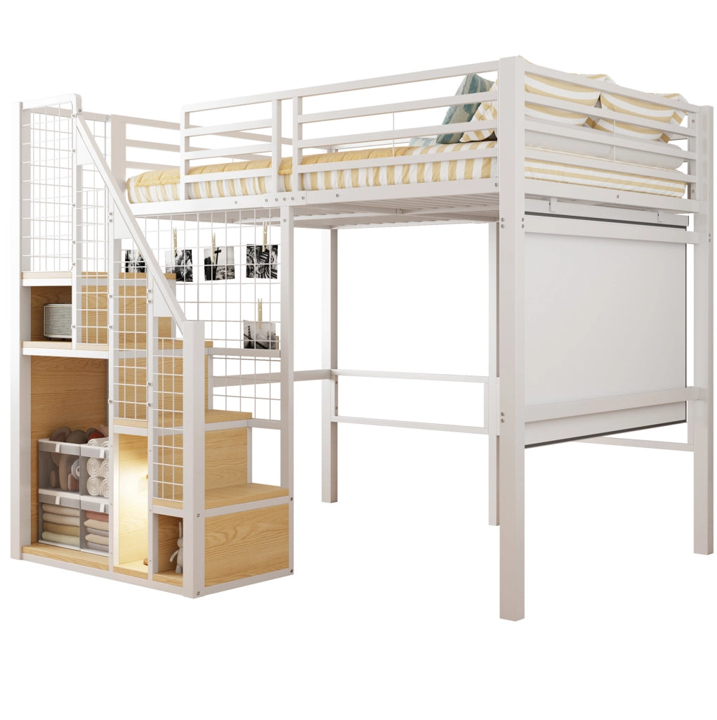 Letto a soppalco 140x200 cm con vano contenitore e scala in MDF e metallo bianco