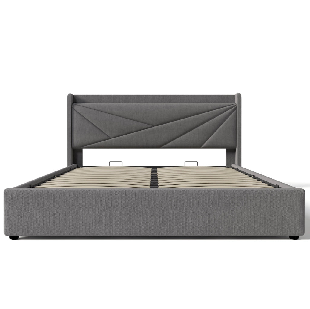 Letto matrimoniale contenitore ULEVR 160x200 cm con testiera imbottita, USB e Type-C, grigio
