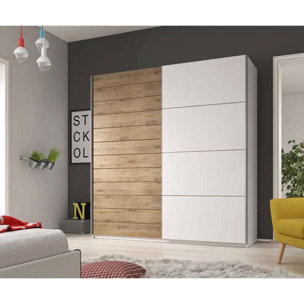 Armadio FLOYD 270cm 2 porte scorrevoli in rovere chiaro e bianco con chiusura silenziosa