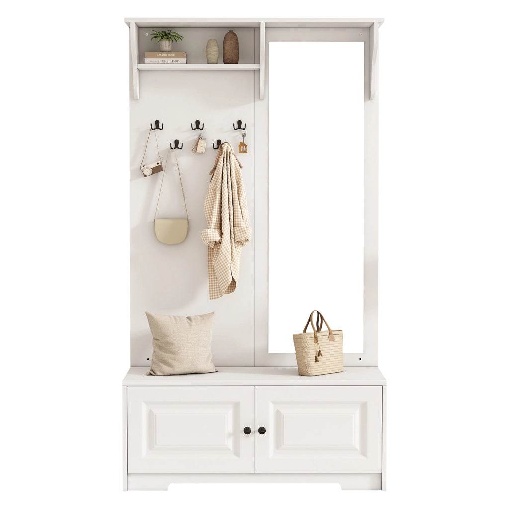 Mobile ingresso con specchio e scarpiera con panca; 100x40x180 cm; 5 ganci; MDF; bianco