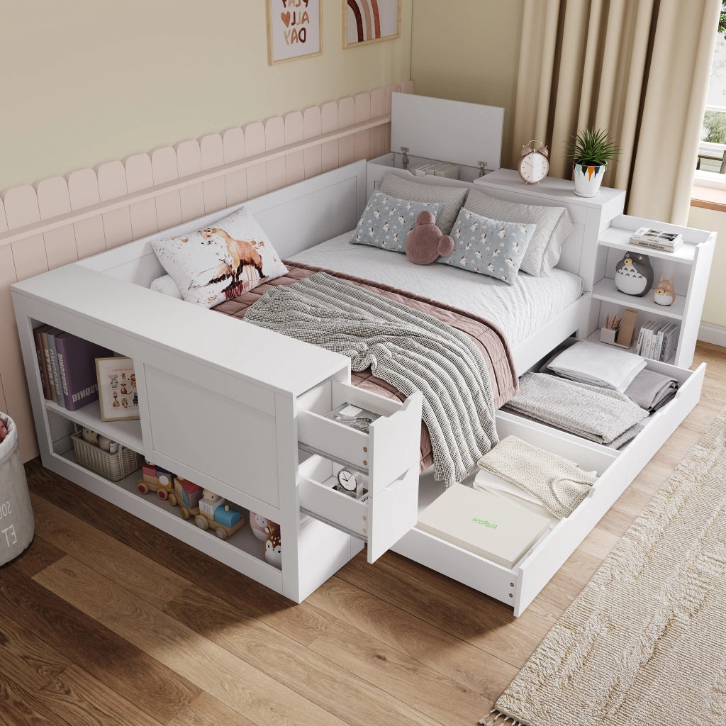 OKWISH Letto a Divano 140×200 cm, Letto Matrimoniale con Cassetto Grande, Ripiani e Armadietti Contenitore, senza Materasso, in MDF, Bianco