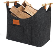 Mangiafuoco in legno scuro con manico in legno allungabile - grande contenitore per legna multifunzionale con cesta di vimini e contenitore per giornali