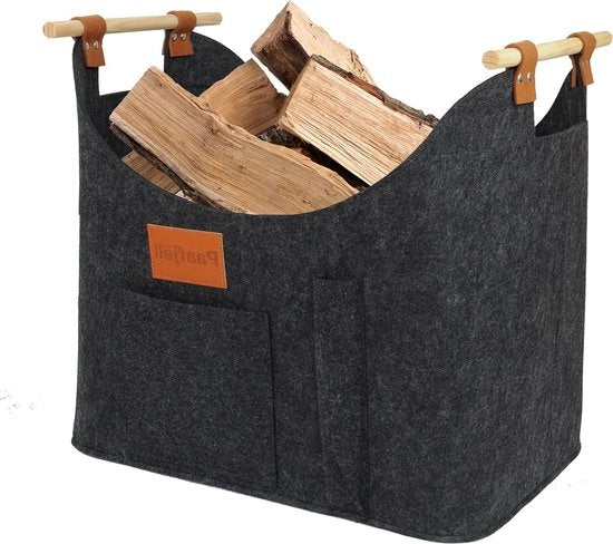 Mangiafuoco in legno scuro con manico in legno allungabile - grande contenitore per legna multifunzionale con cesta di vimini e contenitore per giornali