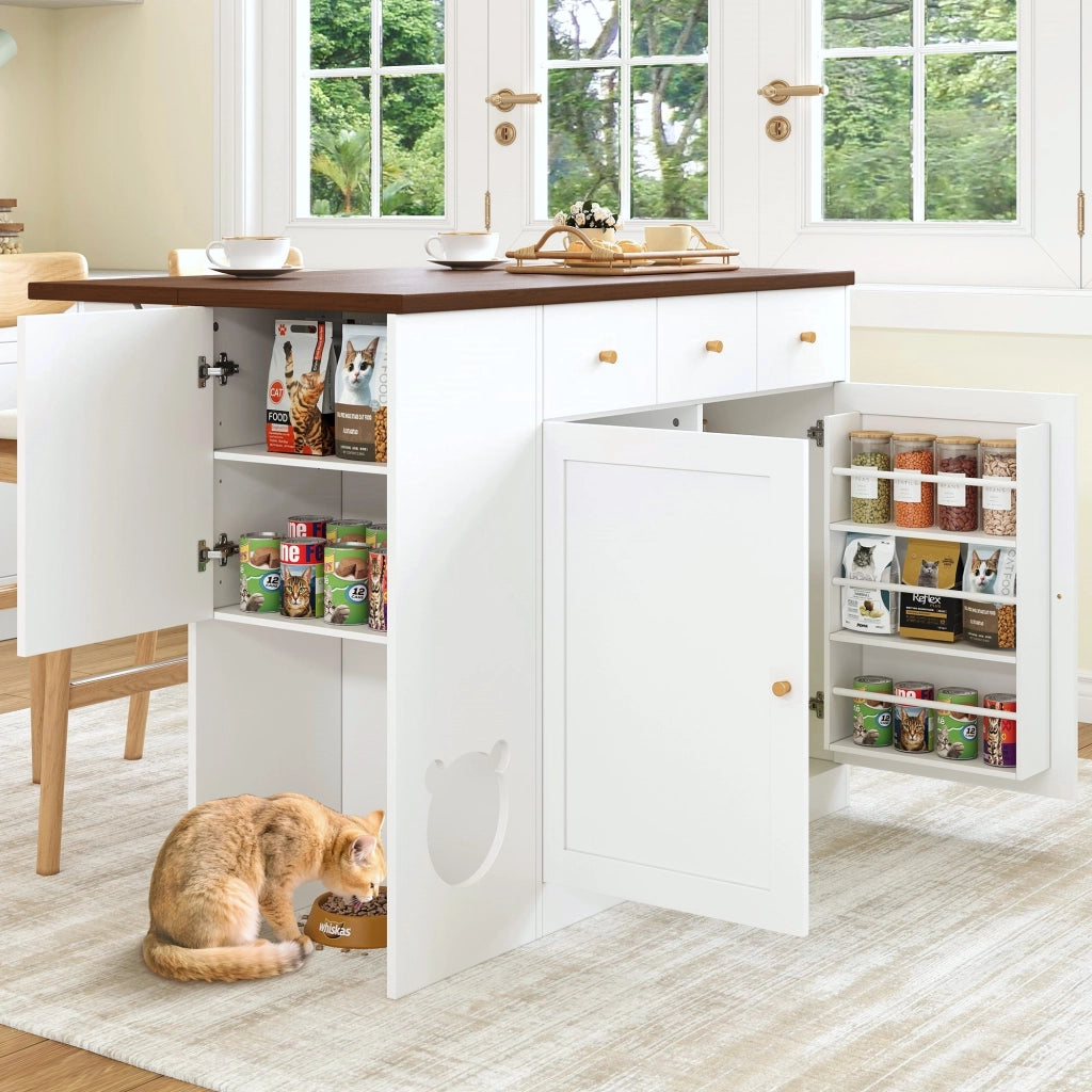 Carrello da Cucina con 3 Cassetti e 2 Ante; Piano Estensibile; Portaspezie e Zona per Animale; MDF; Bianco Noce; 120x40x90 cm
