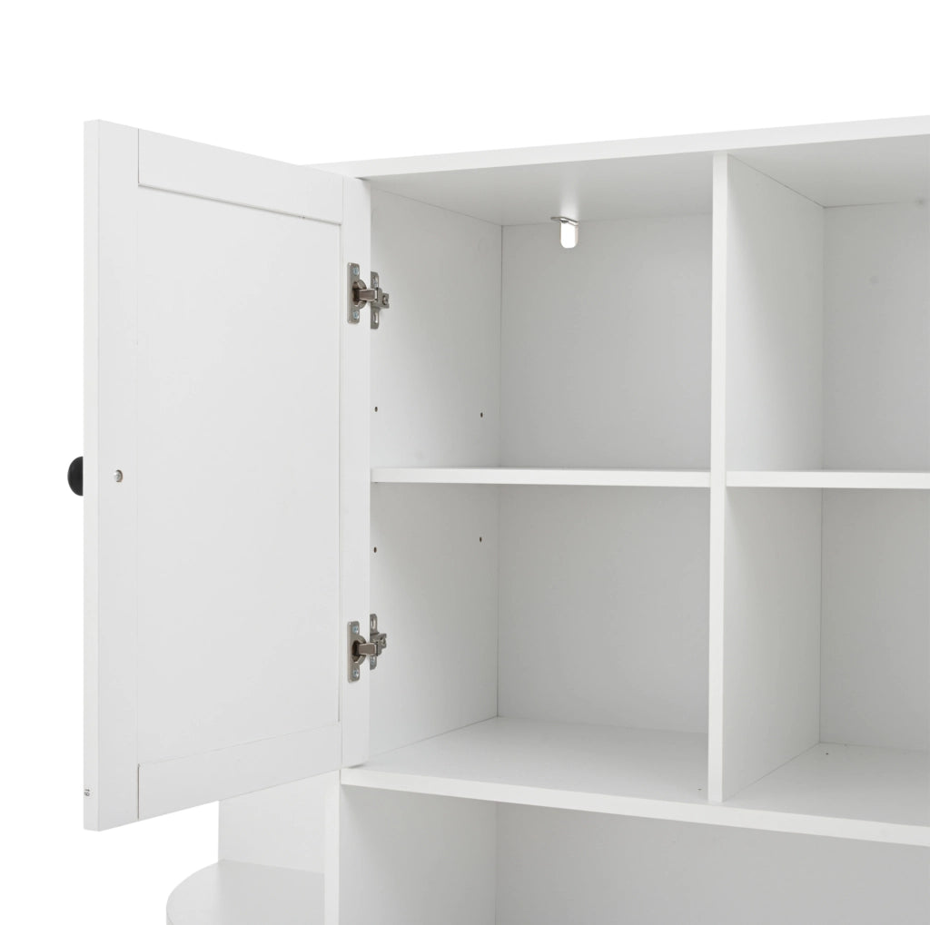 Vetrina angolare 104x35x155 cm con 3 armadi; 2 cassetti e 6 vani aperti; truciolare bianco
