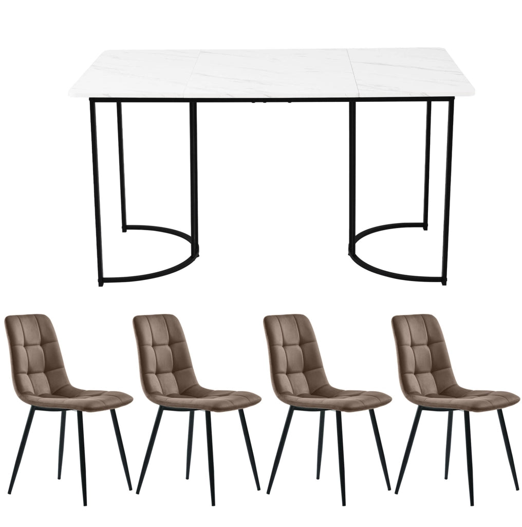 Set da pranzo 5 pezzi 140x80 cm con piano in MDF effetto marmo; gambe in metallo; bianco
