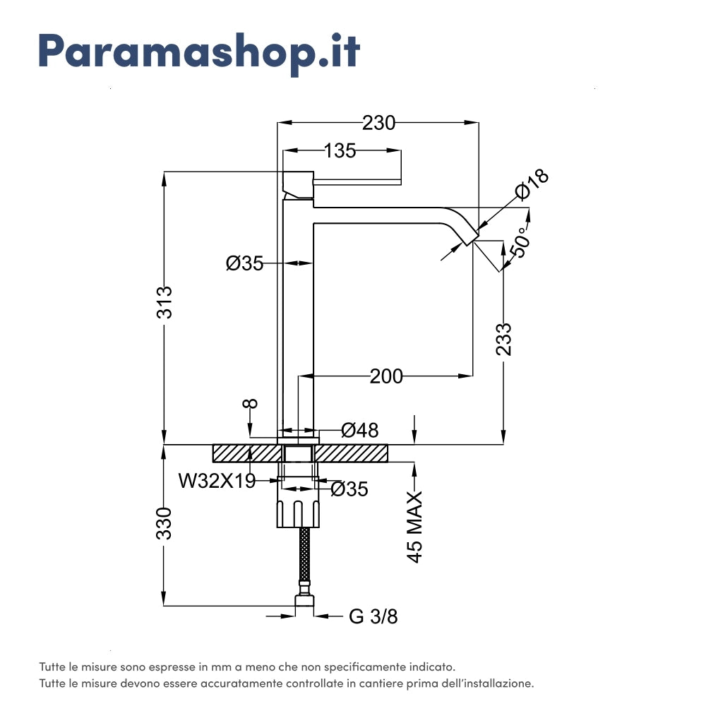 Miscelatore lavabo alto senza scarico cromato | Katharine