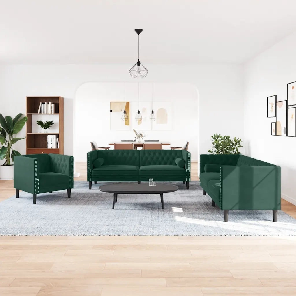 vidaXL Set Divani Chesterfield 3pz con Cuscini Verde Scuro Velluto