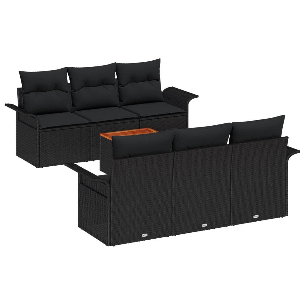 Set Divano 7 Pezzi da Giardino con Cuscini Nero Polyrattan Acacia