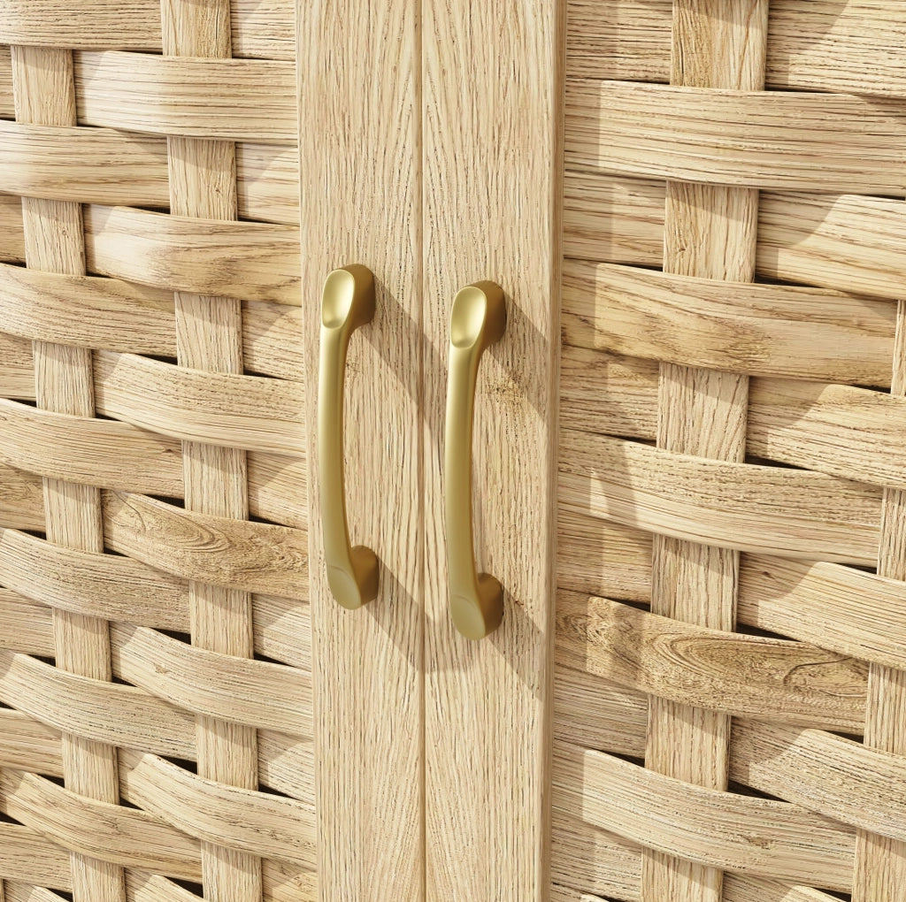 Credenza alta 120x40x180 cm con LED; ante in vetro; MDF e metallo naturale