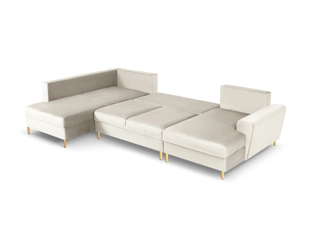 Cosmopolitan Design - Divano panoramico convertibile sinistro con contenitore "Kyoto" 7 posti in velluto beige chiaro 
