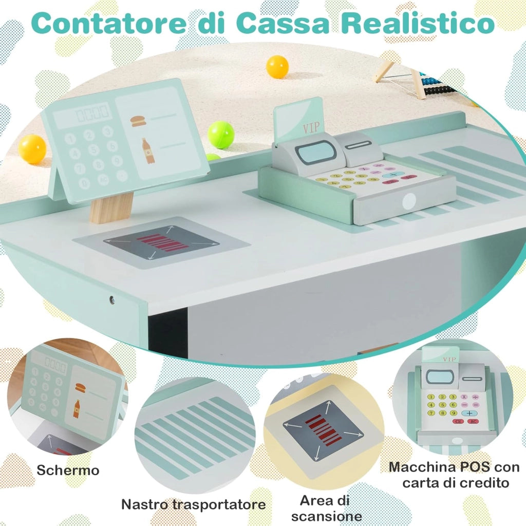 Negozio Alimentare per Bambini, Set di Giocattoli Supermercato in Legno con Cassa, Macchina POS, Distributore Automatico, Lavagna Scrivibile, per Bambini 3-8 Anni (Verde)