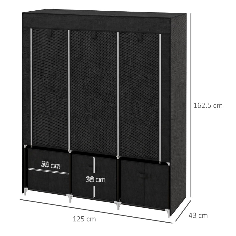 Armadio in tessuto 125x43x162.5 cm con 2 aste e 5 ripiani in acciaio nero