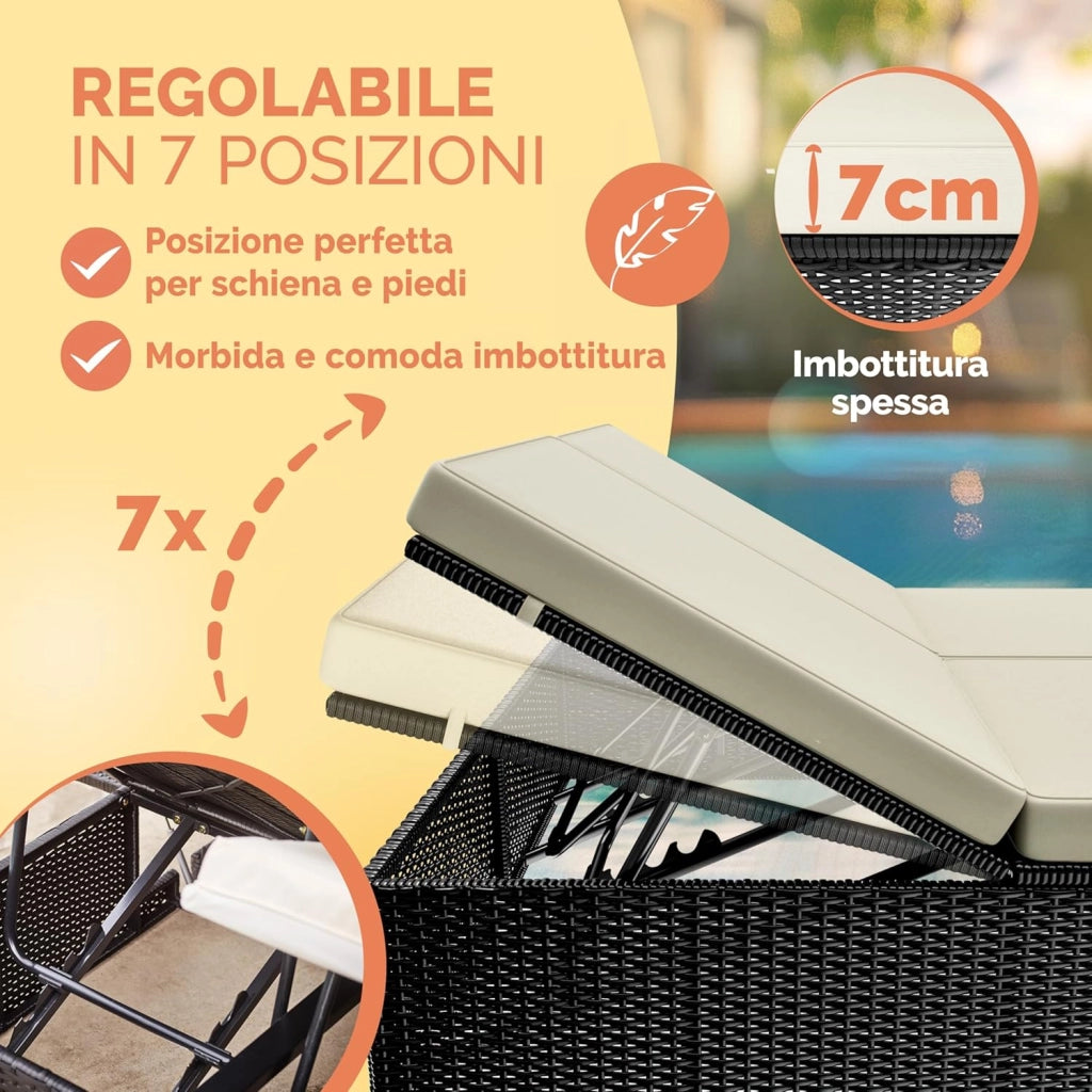 ® Lettino Prendisole 2 Persone in Polyrattan Regolabile in 7 Posizioni con Tavolino Sdraio da Giardino 200x160cm