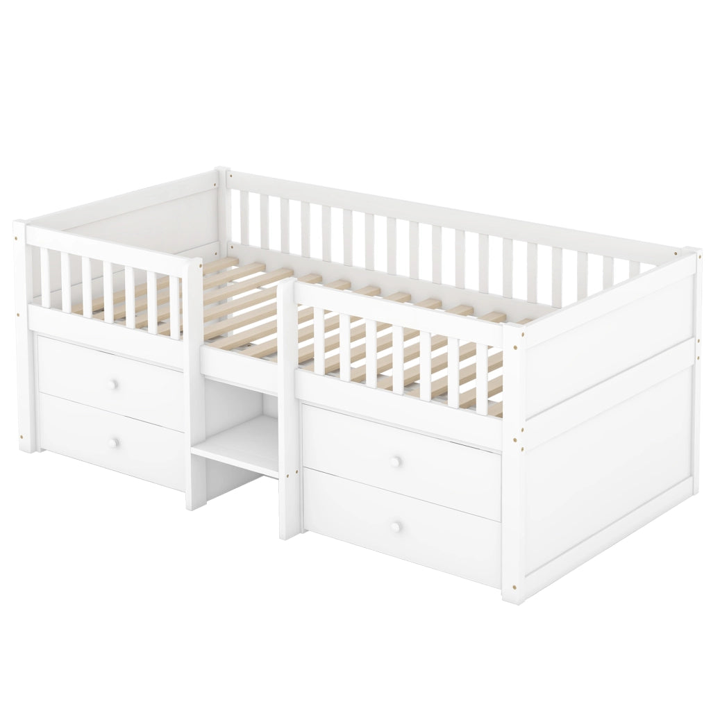 OKWISH Letto a Mezz’altezza 90×200 cm, Letto Singolo con 4 Cassetti, Spondine di Sicurezza e Scala, senza Materasso, in Pino, Bianco