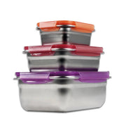Set contenitori alimentari acciaio inox microonde, 3 pezzi ermetici impilabili, coperchi colorati cucina - SOGO