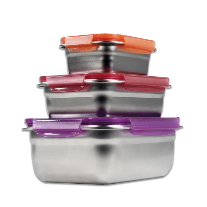 Set contenitori alimentari acciaio inox microonde, 3 pezzi ermetici impilabili, coperchi colorati cucina - SOGO