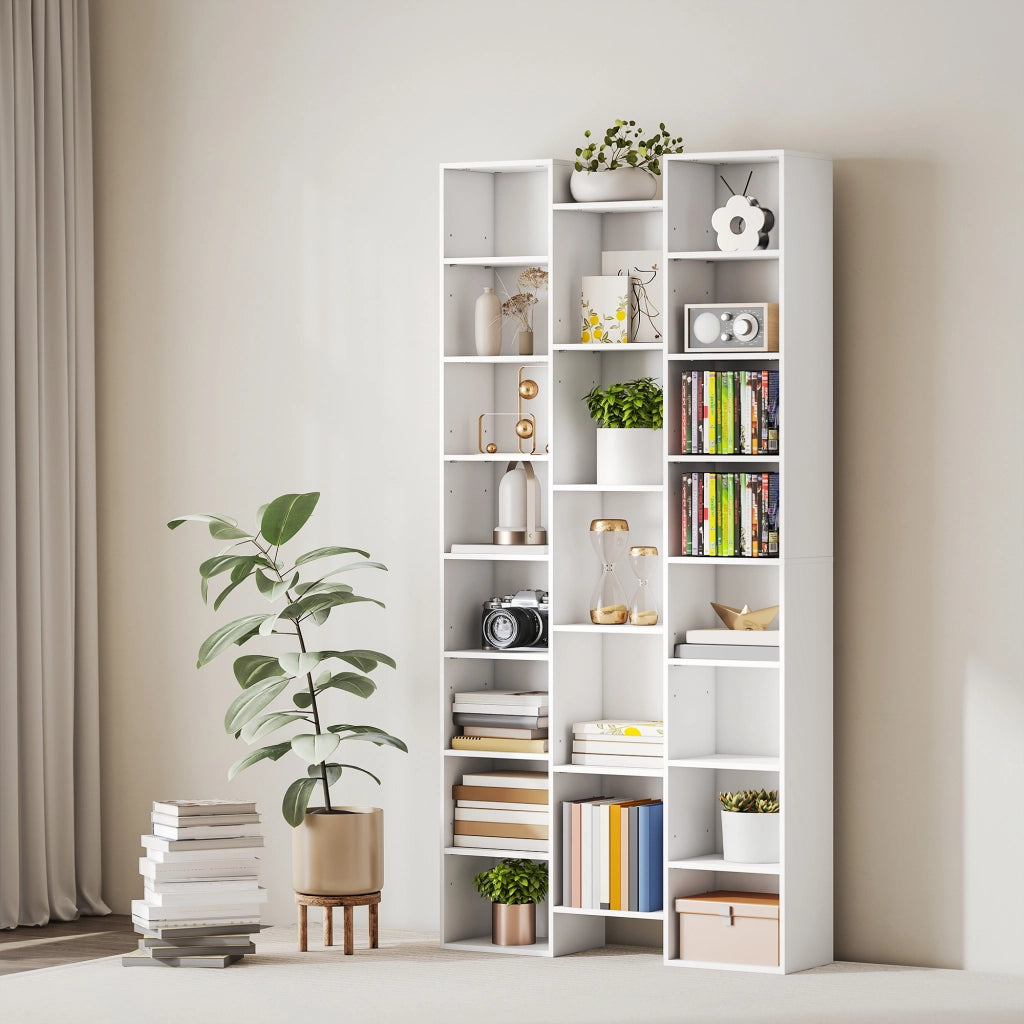 Libreria Moderna in Legno Alta 181 cm con 21 Scomparti e 10 Ripiani Regolabili, Bianco