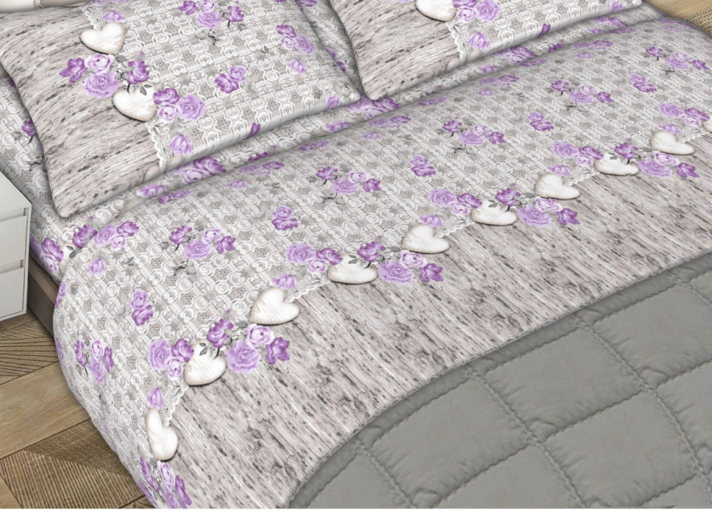 Completo Lenzuola Letto Matrimoniale 100% Cotone Made Italy Dis. Lara CN - 2 Piazze - Lilla