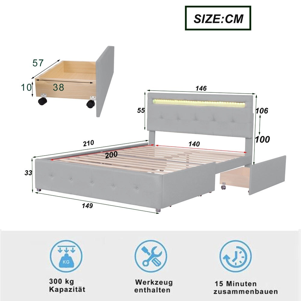 Letto Imbottito con LED, Cassetti e Contenitore ¨C MINIMAL ¨C Grigio 140x200