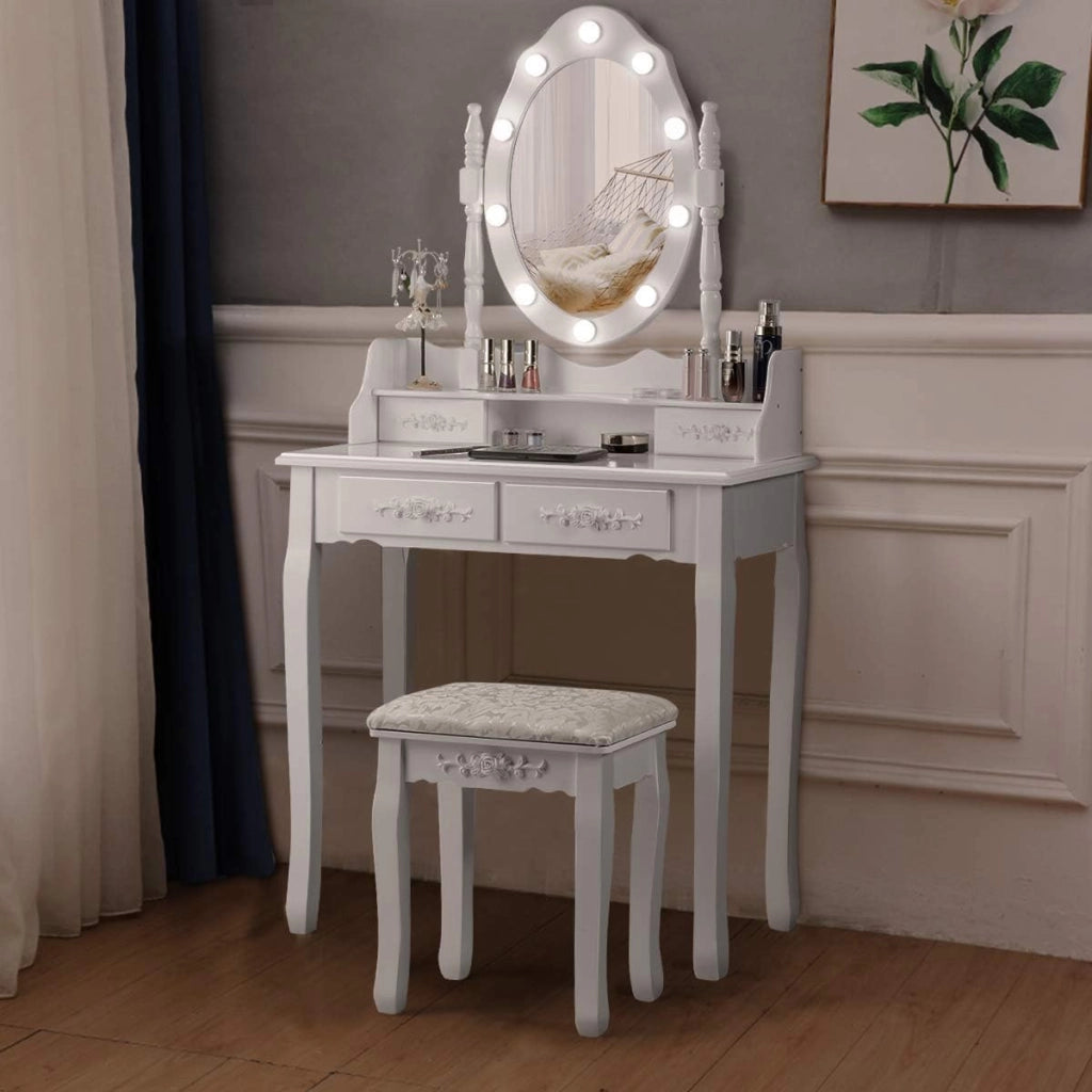 Toeletta Trucco, Postazione Trucco in Legno con Sgabello, 4 Cassetti e Specchiera Rimovibile Girevole a 360° con 10 LED Dimmerabili, Portata di 100+25 kg, 75x40x146cm (Bianco)